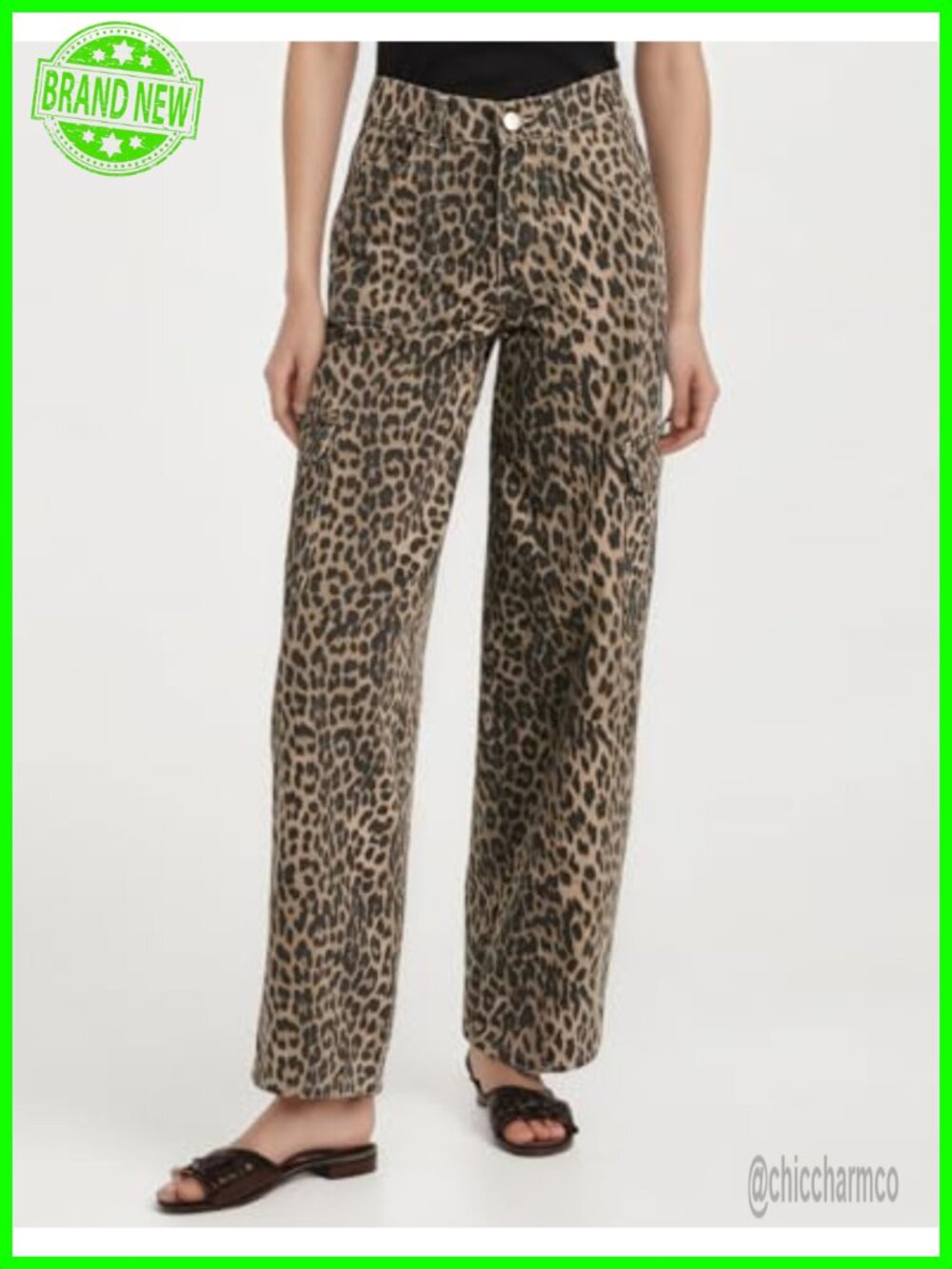 Women's Leopard Print Baggy Cargo Jeans Y2K Straight Leg Pants with Pockets - Picture 6 of 7